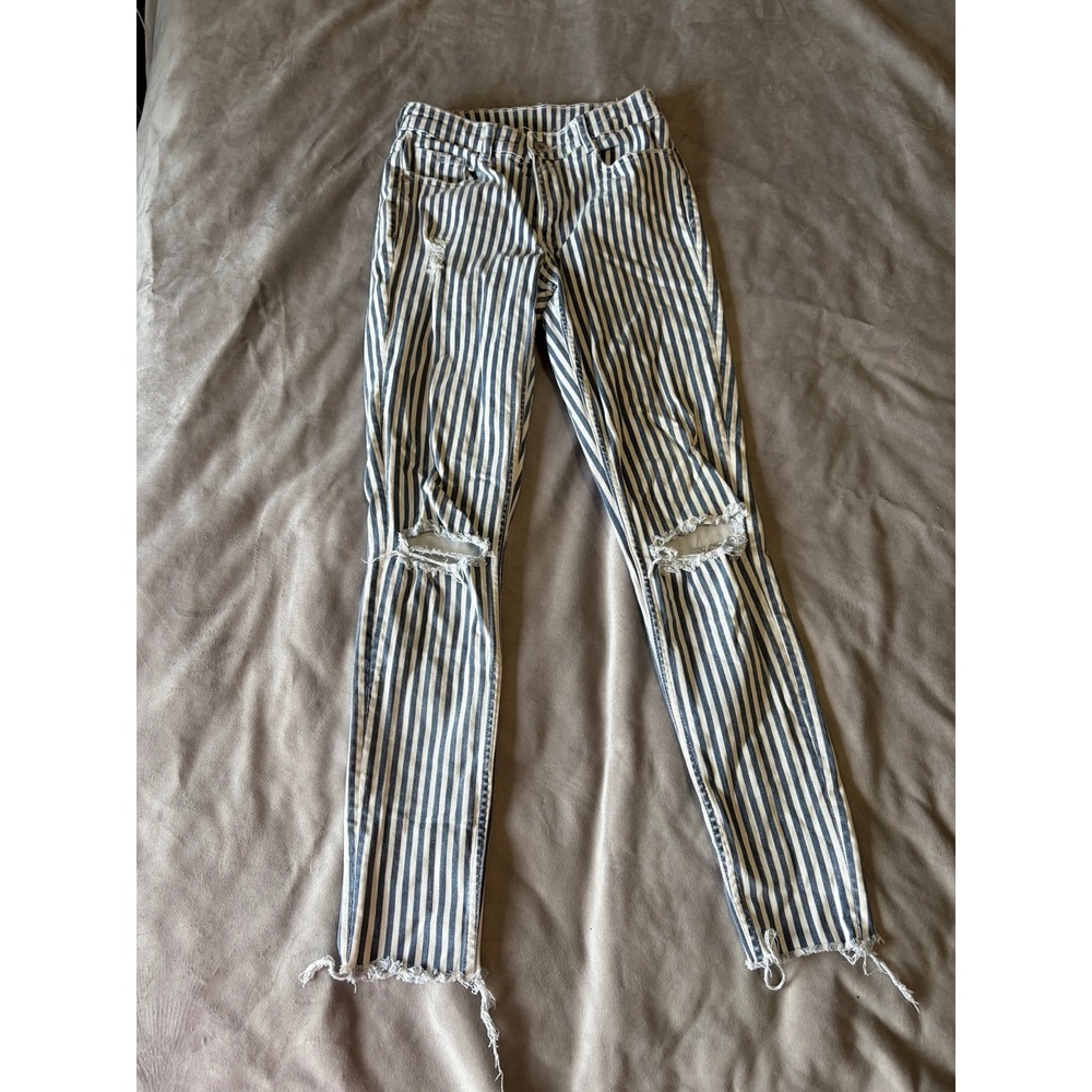 HM Divided Striped Distressed Skinny Jeans Blue White Frayed Hem Size 6 1805